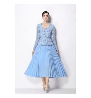 Plissiertes Midi-Kleid aus Spitze mit Rock – Blau