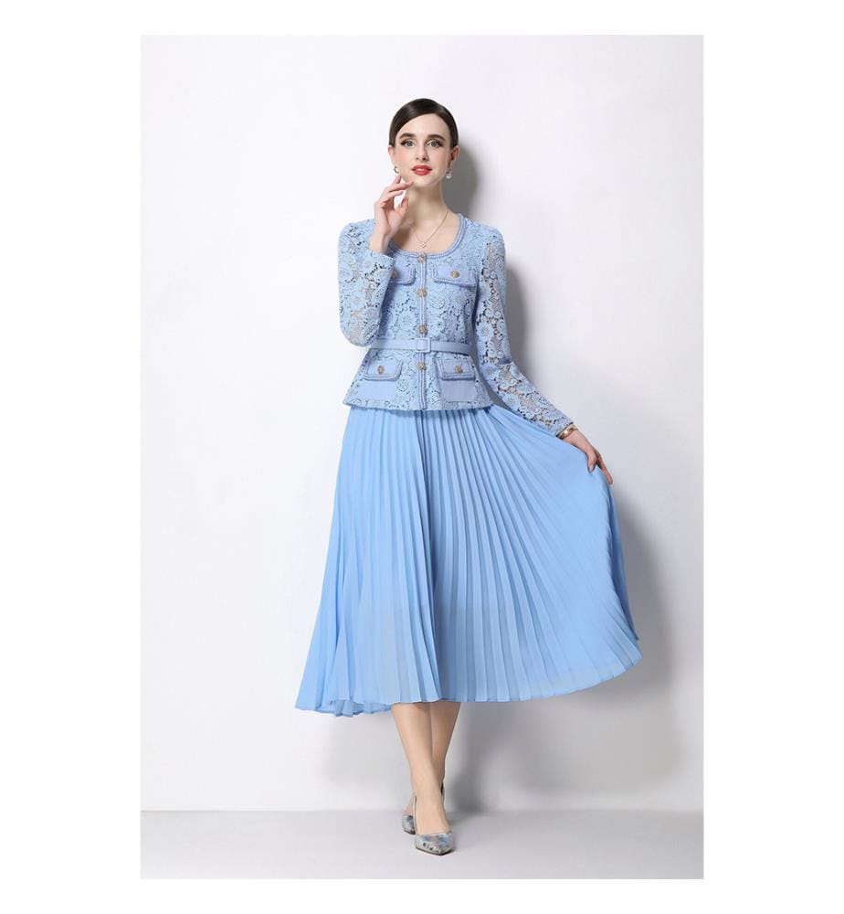 Plissiertes Midi-Kleid aus Spitze mit Rock – Blau