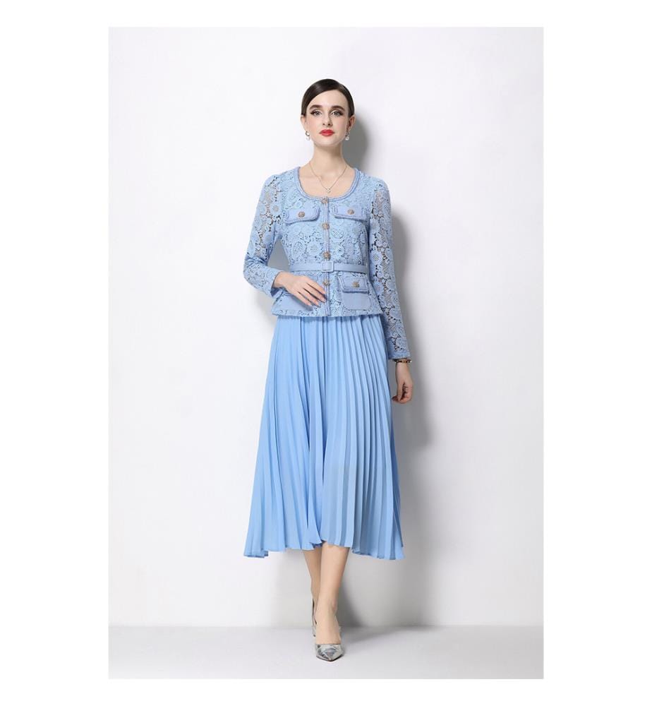 Plissiertes Midi-Kleid aus Spitze mit Rock – Blau