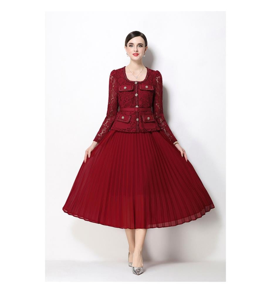 Plissiertes Midi-Kleid aus Spitze mit Rock – Weinrot