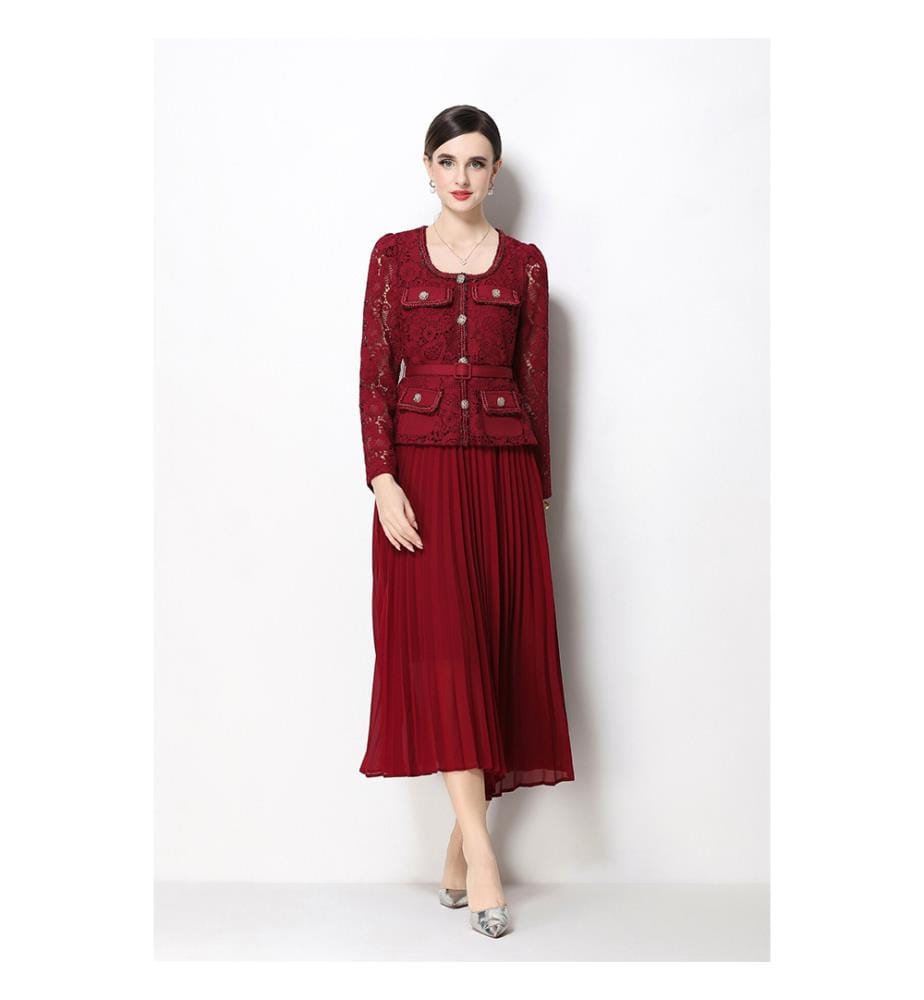 Plissiertes Midi-Kleid aus Spitze mit Rock – Weinrot