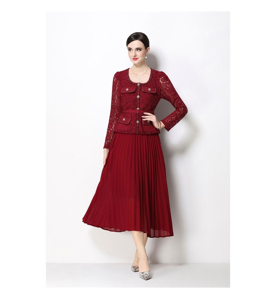 Plissiertes Midi-Kleid aus Spitze mit Rock – Weinrot
