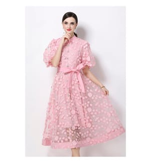 Midi-Kleid aus 3D-Blumenstrick mit Taillenbund – Rosa