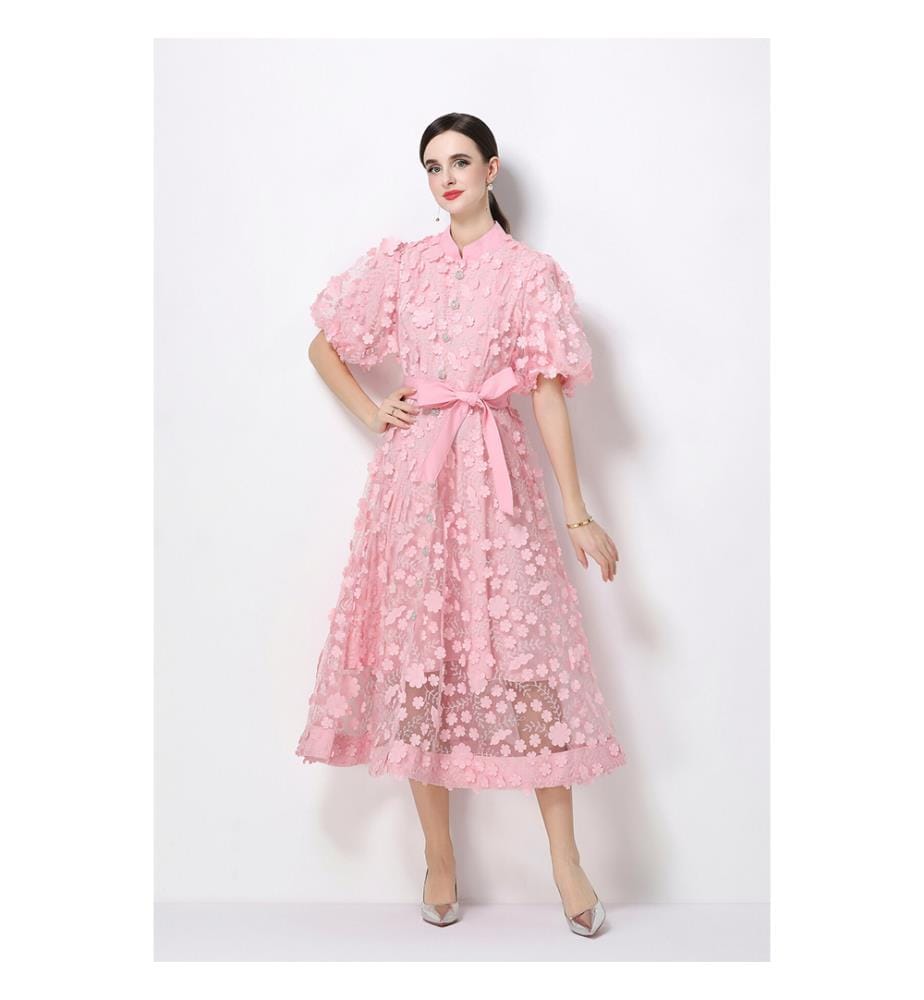 Midi-Kleid aus 3D-Blumenstrick mit Taillenbund – Rosa