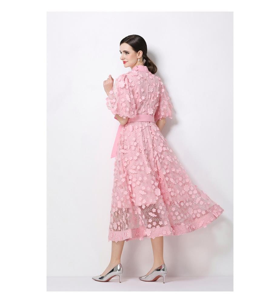 Midi-Kleid aus 3D-Blumenstrick mit Taillenbund – Rosa
