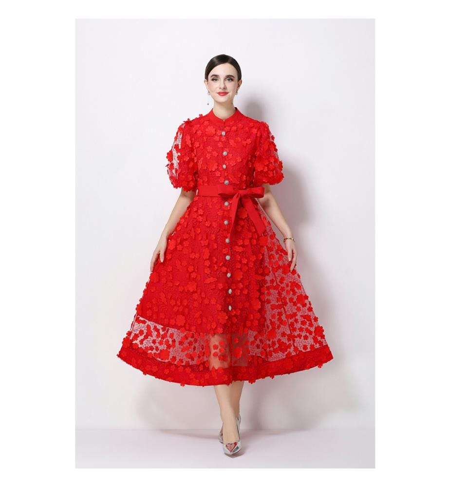Midi-Kleid aus 3D-Blumenstrick mit Taillenbund – Rot