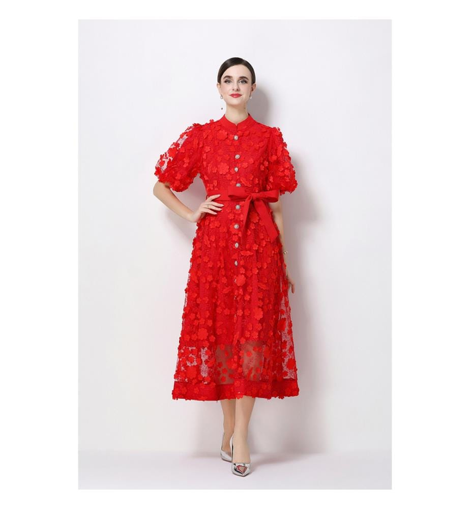 Midi-Kleid aus 3D-Blumenstrick mit Taillenbund – Rot