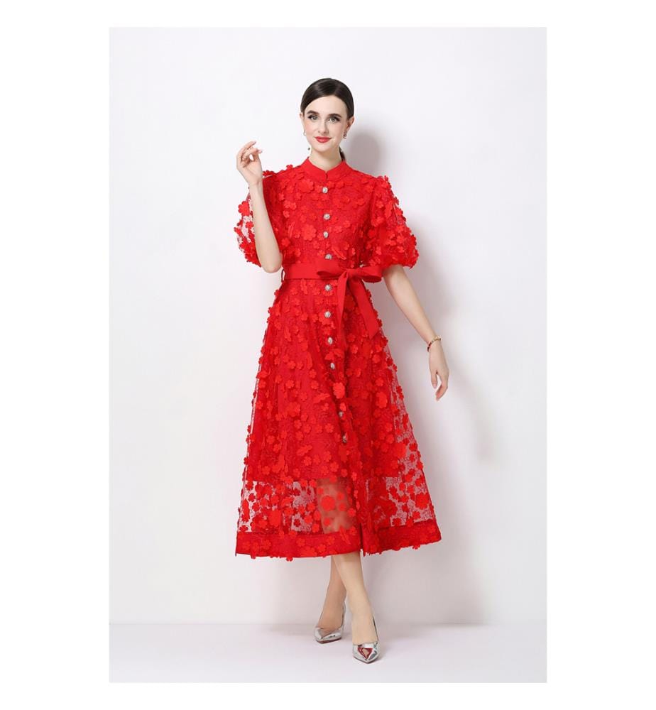 Midi-Kleid aus 3D-Blumenstrick mit Taillenbund – Rot
