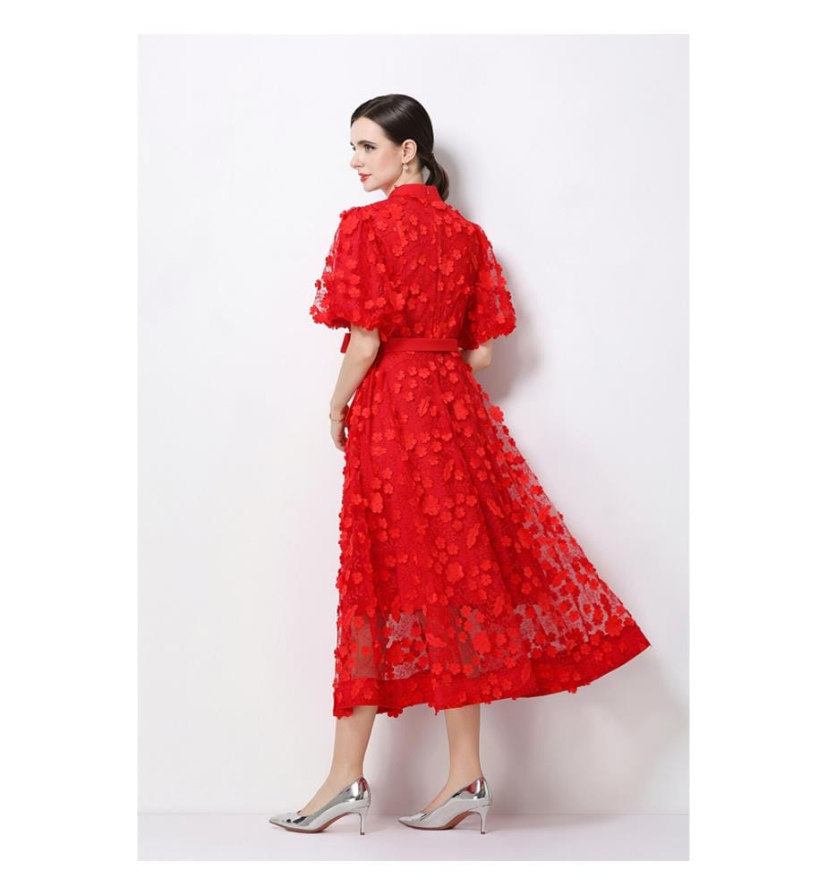 Midi-Kleid aus 3D-Blumenstrick mit Taillenbund – Rot