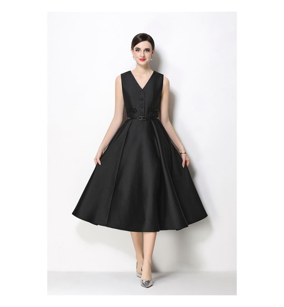 Ärmelloses Midi-Kleid aus Satin mit Taillenbund – Schwarz
