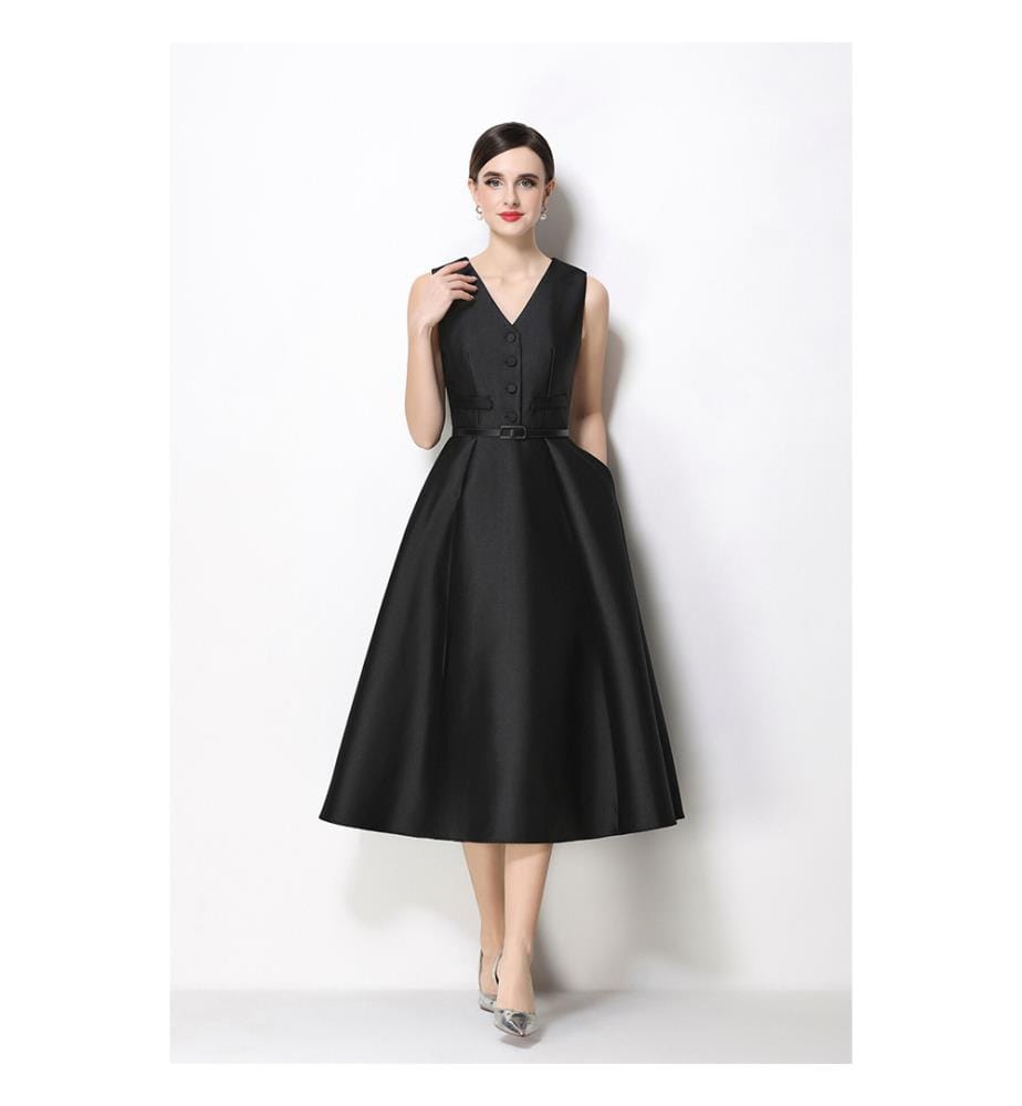 Ärmelloses Midi-Kleid aus Satin mit Taillenbund – Schwarz