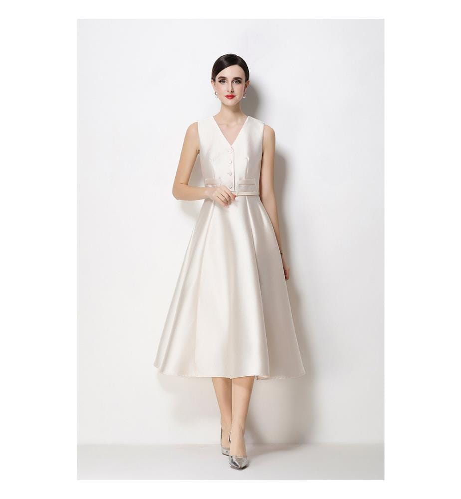 Ärmelloses Midi-Kleid aus Satin mit Taillenbund – Elfenbein