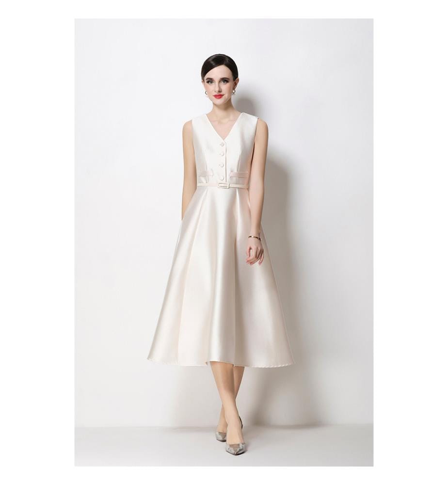 Ärmelloses Midi-Kleid aus Satin mit Taillenbund – Elfenbein