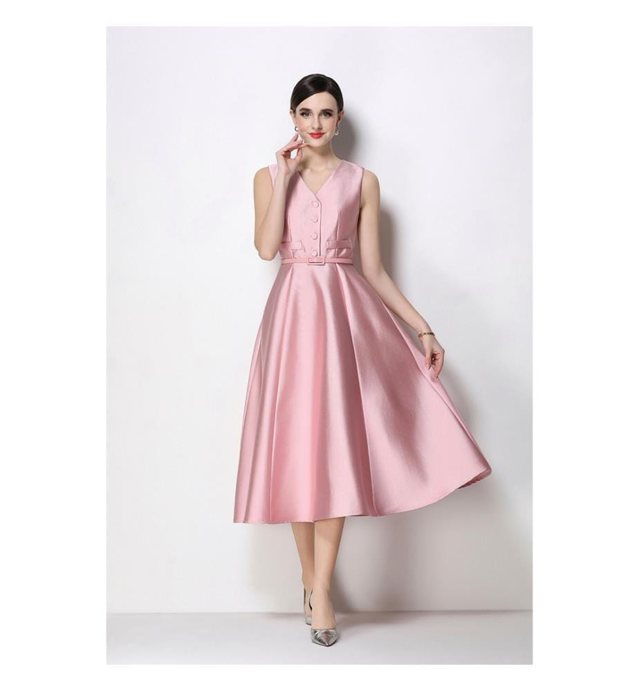 Ärmelloses Midikleid aus Satin mit Taillenbund – Rosa