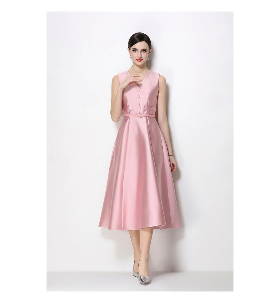 Ärmelloses Midikleid aus Satin mit Taillenbund – Rosa
