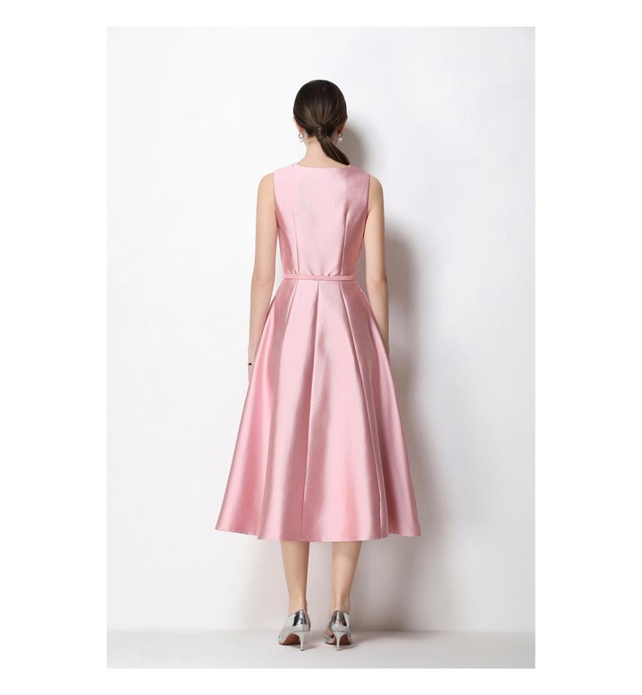 Ärmelloses Midikleid aus Satin mit Taillenbund – Rosa