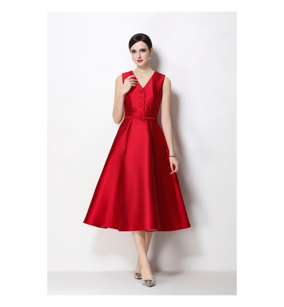 Ärmelloses Midikleid aus Satin mit Taillenbund – Rot