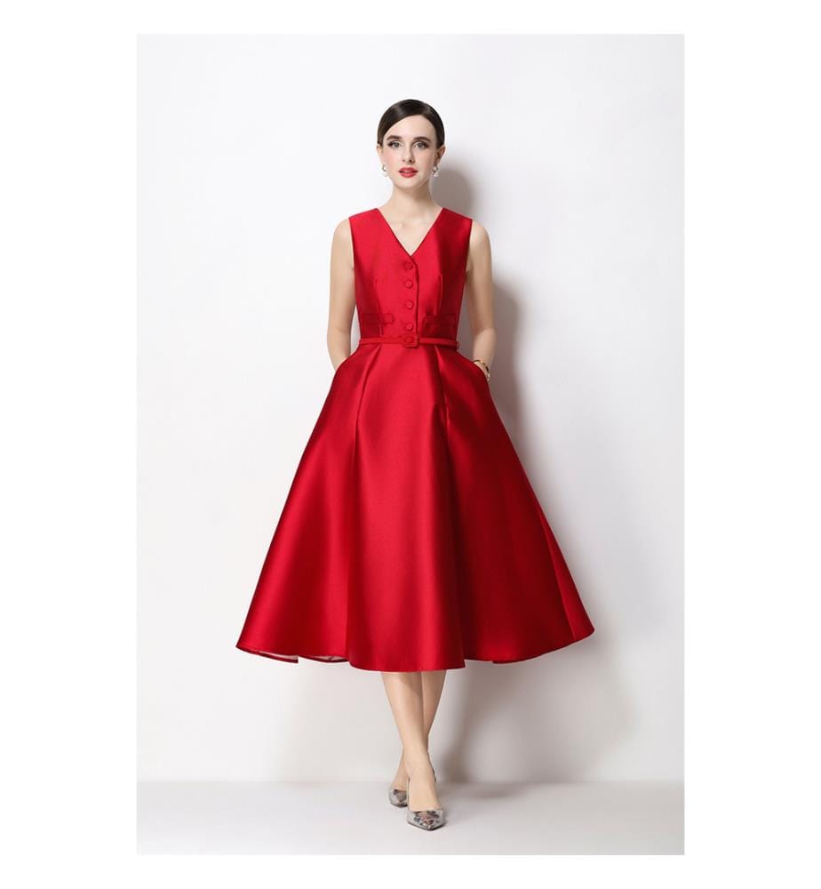 Ärmelloses Midikleid aus Satin mit Taillenbund – Rot