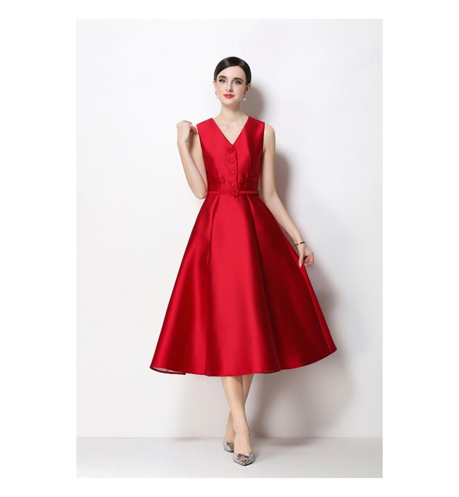 Ärmelloses Midikleid aus Satin mit Taillenbund – Rot