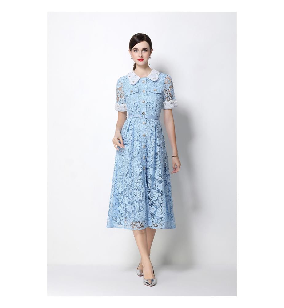 Midi-Kleid aus Spitze mit Peter-Pan-Kragen und Taillengürtel – Blau