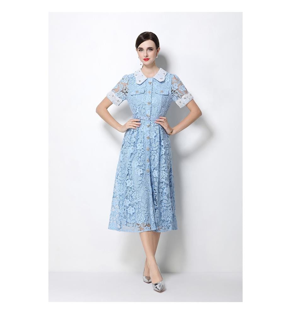 Midi-Kleid aus Spitze mit Peter-Pan-Kragen und Taillengürtel – Blau