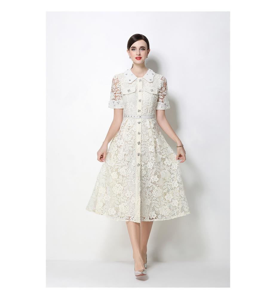 Midi-Kleid aus Spitze mit Peter-Pan-Kragen und Taillenbund – Elfenbein
