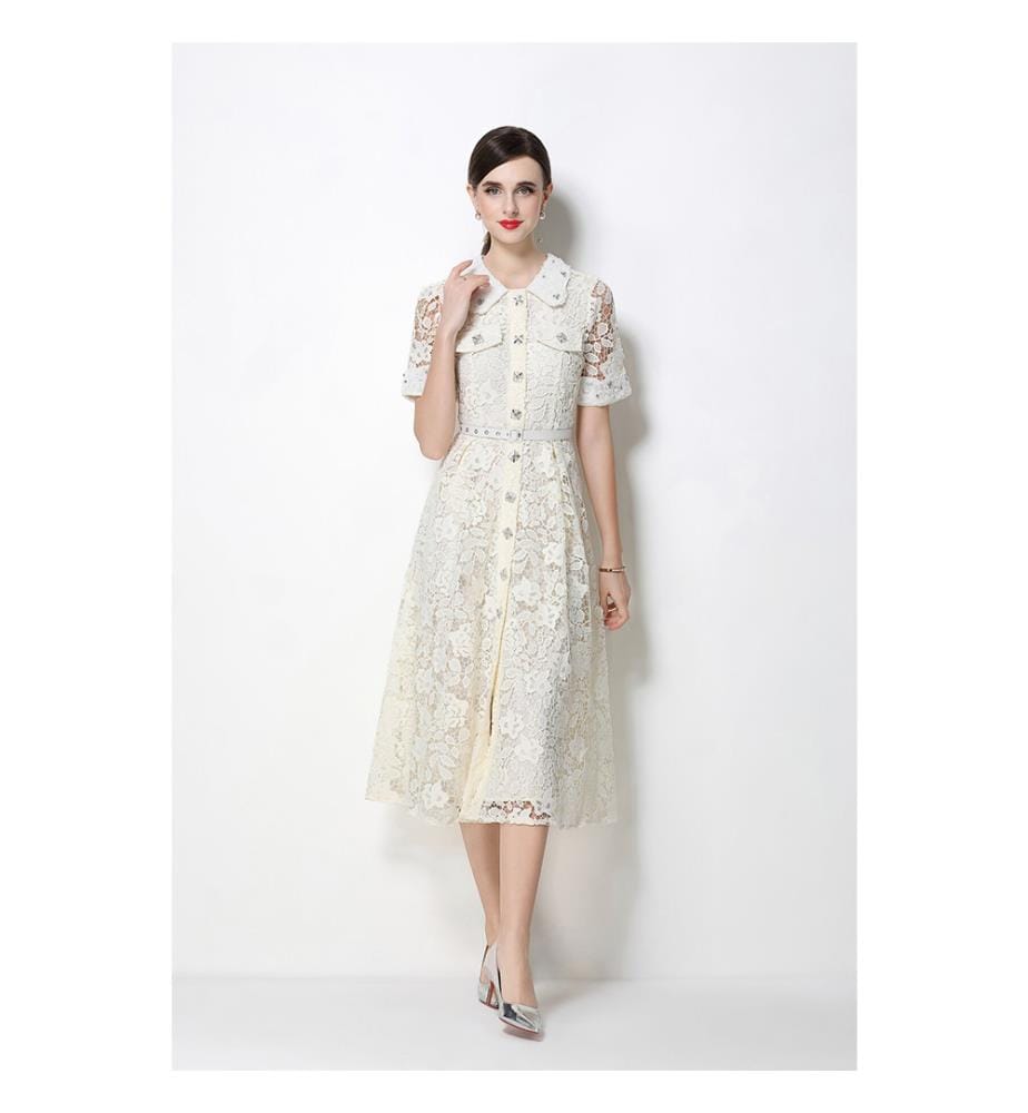 Midi-Kleid aus Spitze mit Peter-Pan-Kragen und Taillenbund – Elfenbein