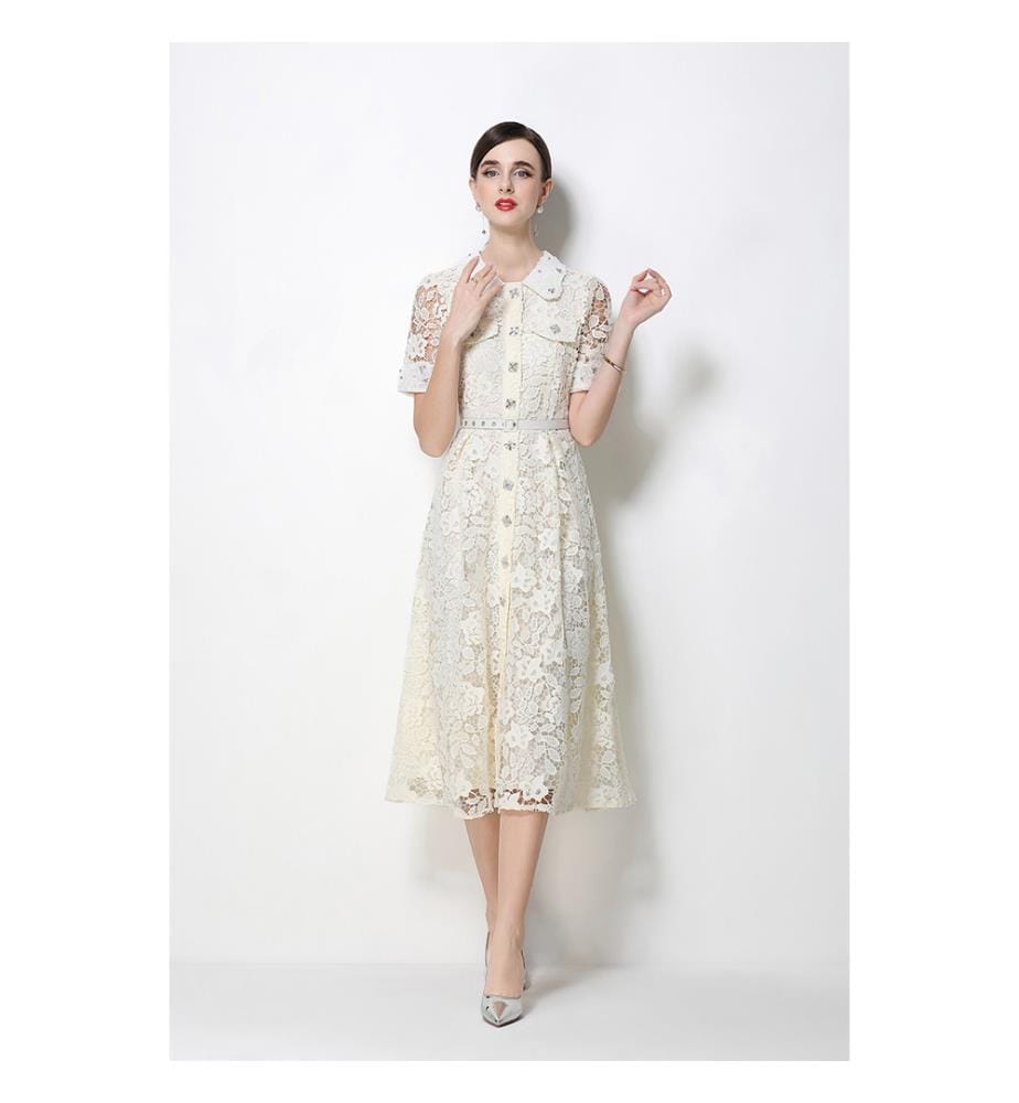 Midi-Kleid aus Spitze mit Peter-Pan-Kragen und Taillenbund – Elfenbein