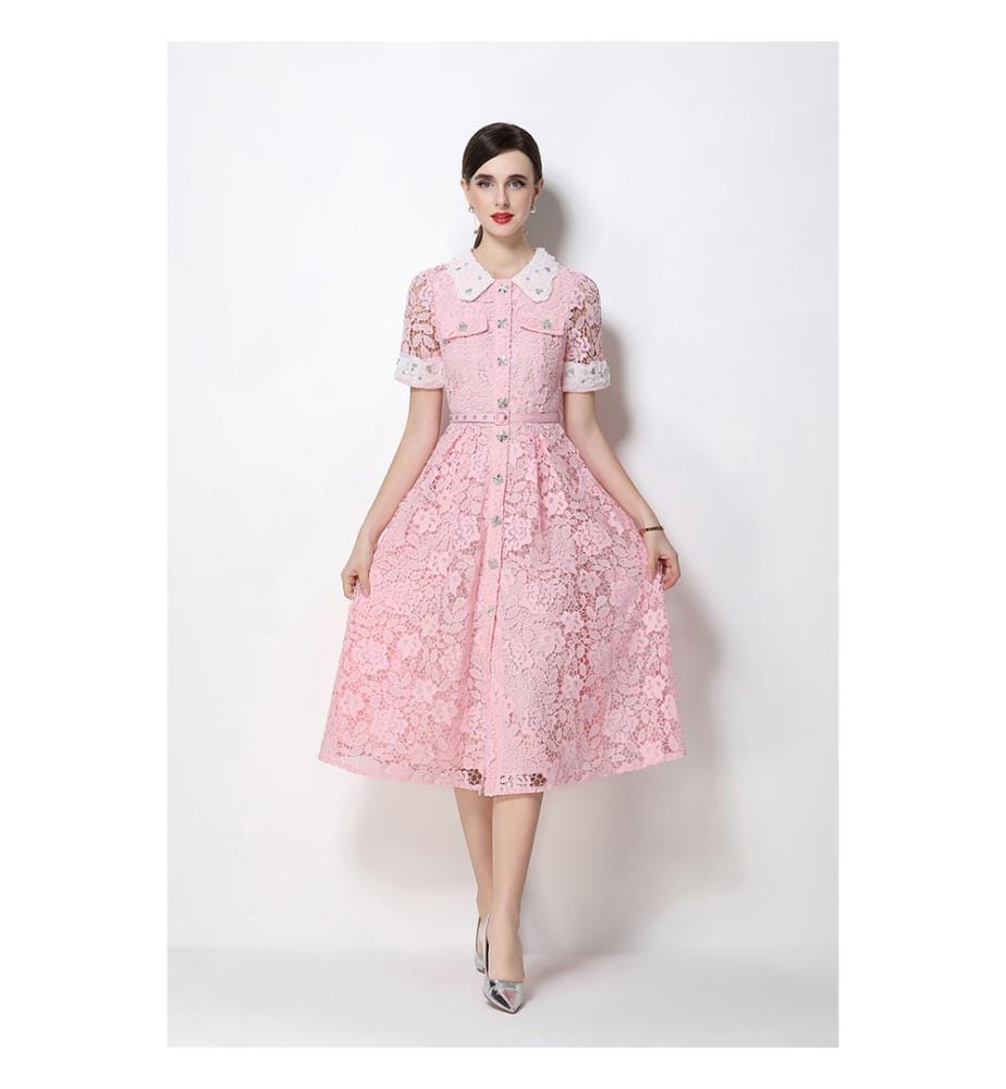 Midi-Kleid aus Spitze mit Peter-Pan-Kragen und Gürtel in der Taille – Rosa
