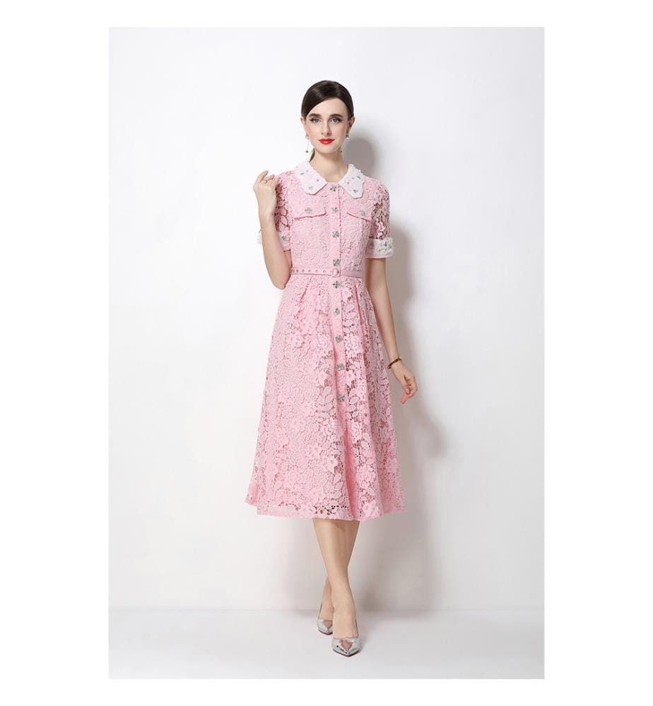 Midi-Kleid aus Spitze mit Peter-Pan-Kragen und Gürtel in der Taille – Rosa