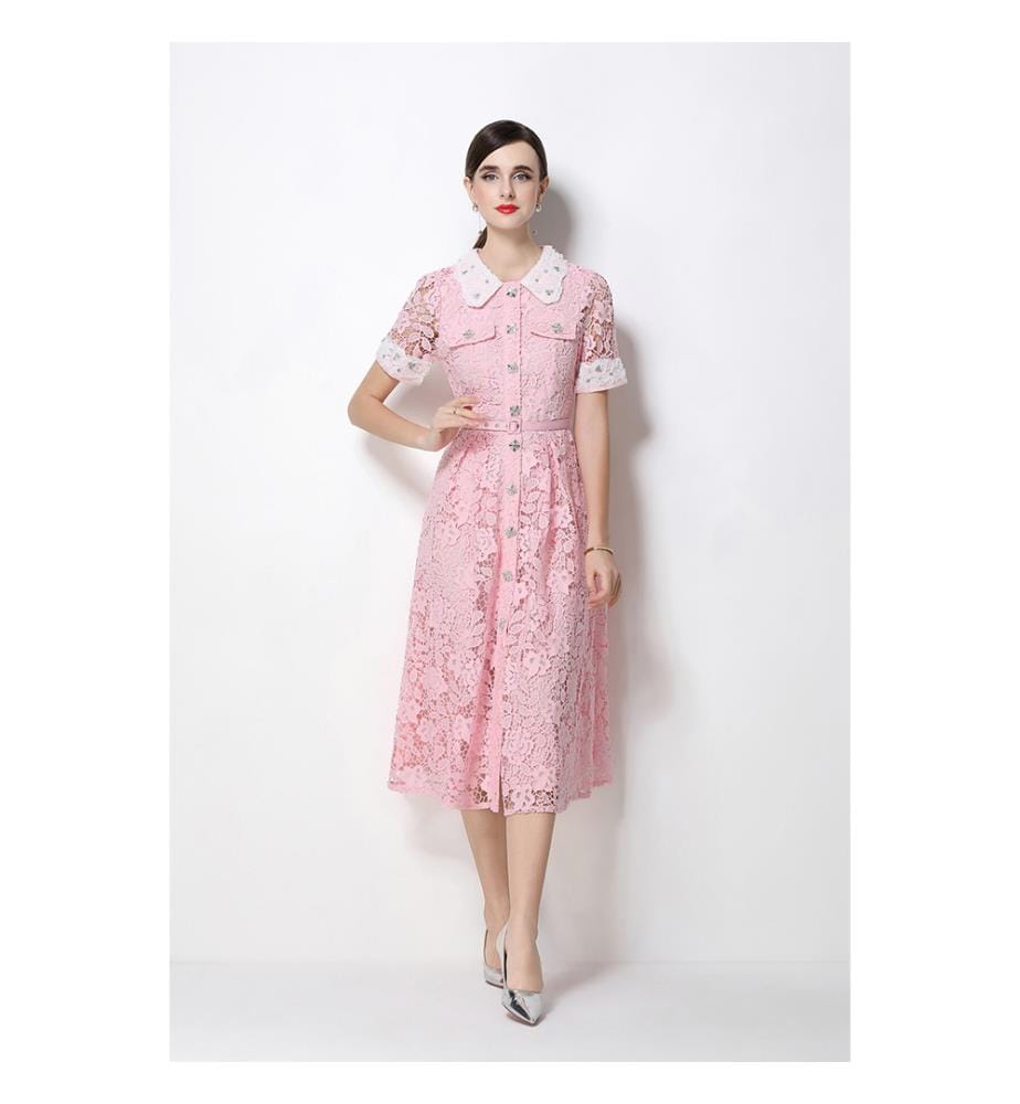 Midi-Kleid aus Spitze mit Peter-Pan-Kragen und Gürtel in der Taille – Rosa
