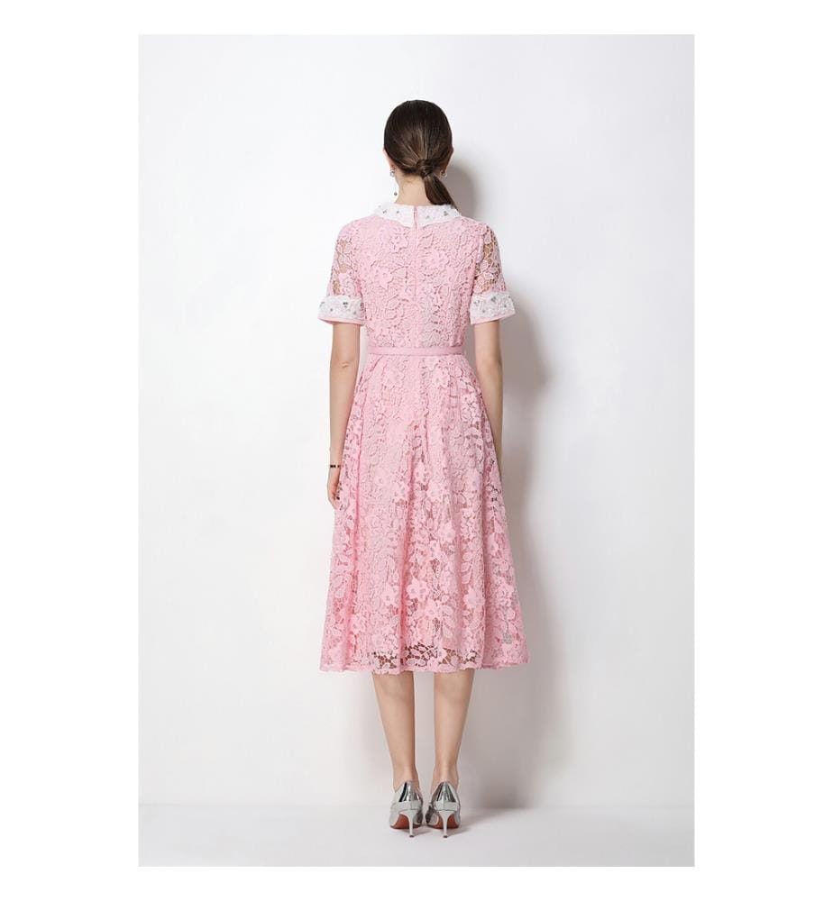 Midi-Kleid aus Spitze mit Peter-Pan-Kragen und Gürtel in der Taille – Rosa