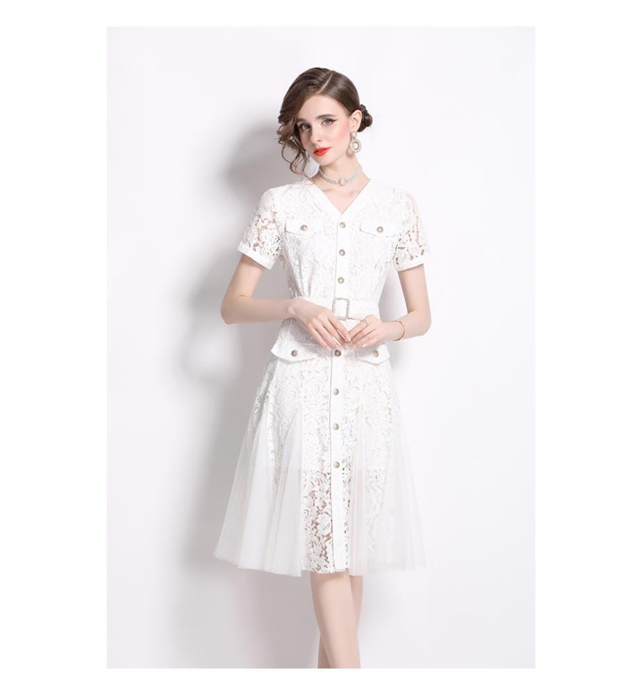 Robe sirène slim à manches longues et à taille bouclée - Blanc