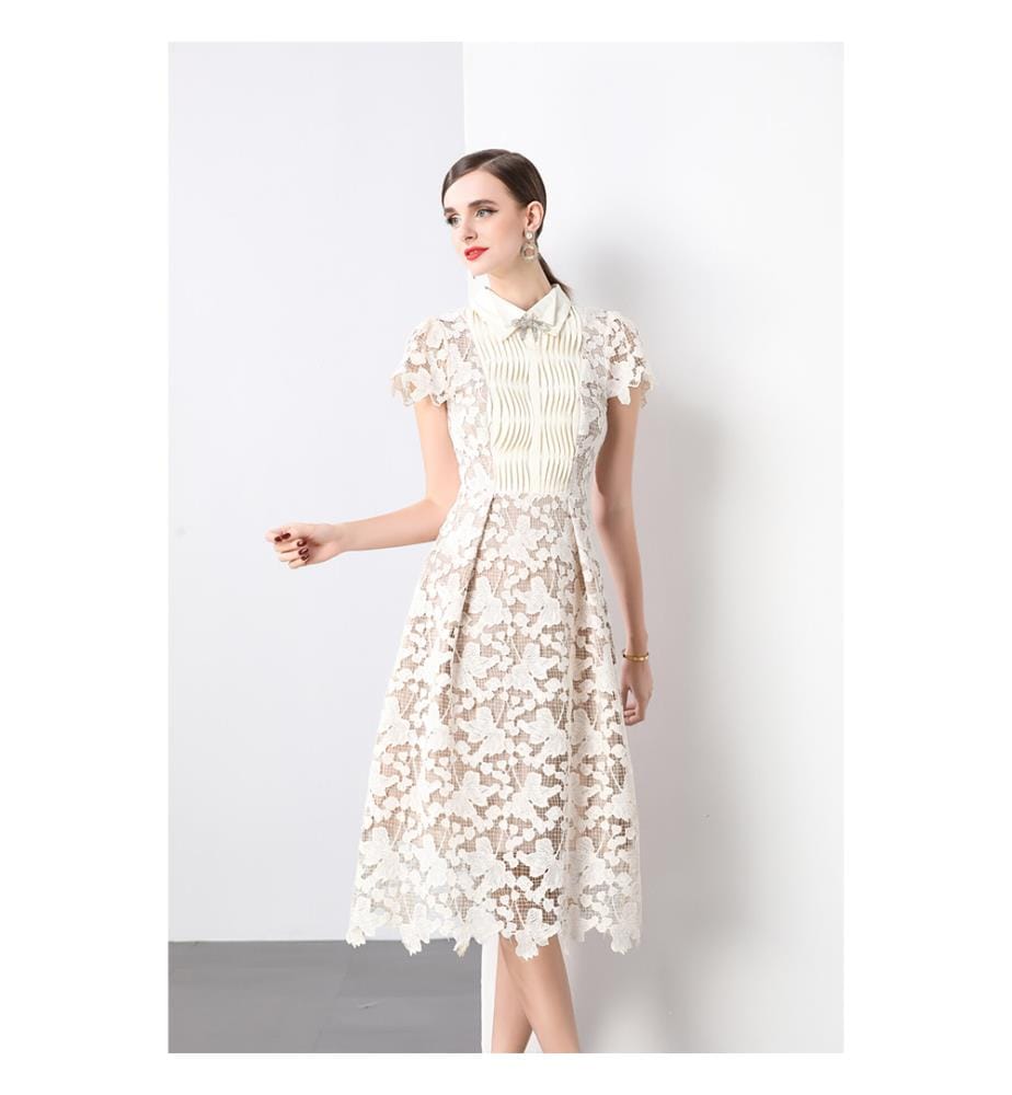 Robe midi en dentelle avec noeud - Blanc