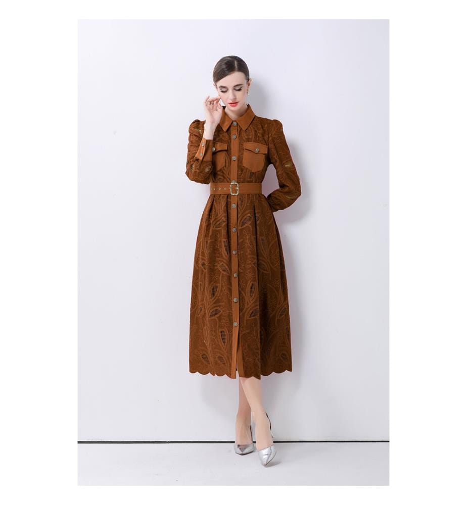 Robe mi-longue chemisier brodée avec ceinture - Marron