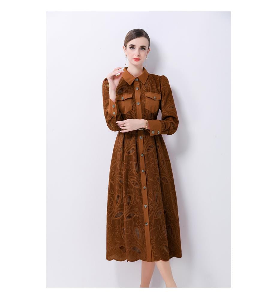 Robe mi-longue chemisier brodée avec ceinture - Marron