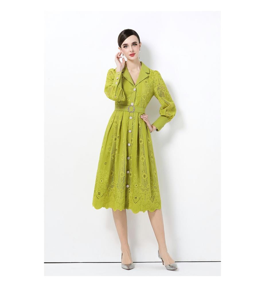 Robe-chemise mi-longue brodée à oeillets et ceinture - Citron vert