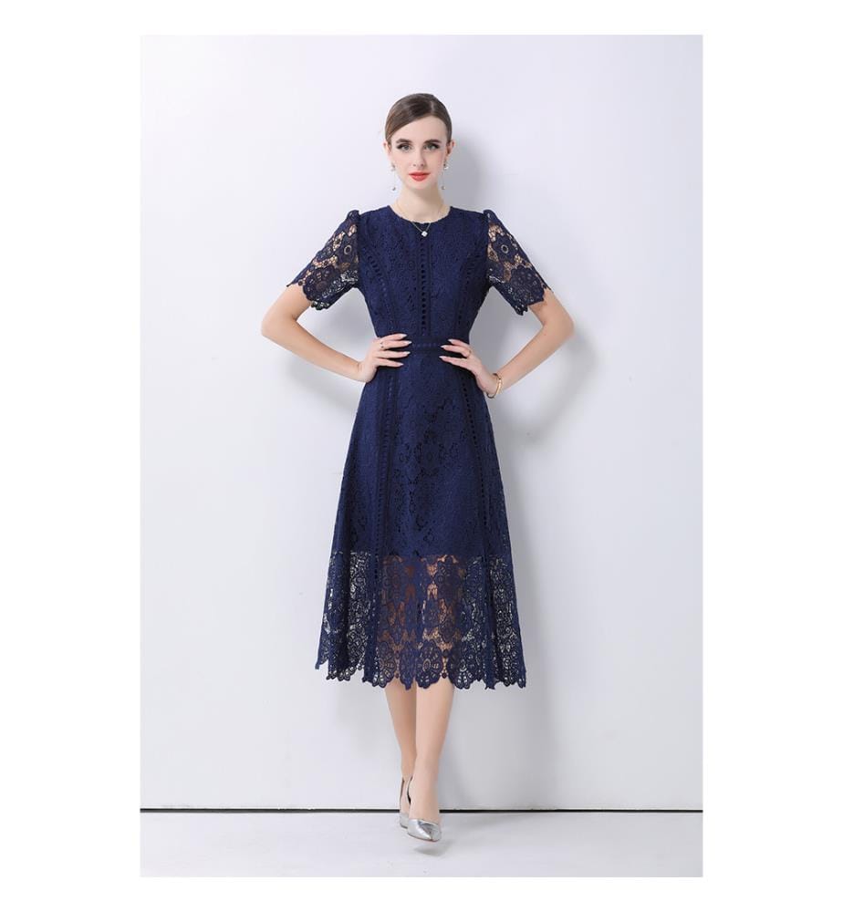 Robe midi élégante à la coupe trapèze en dentelle - Marine
