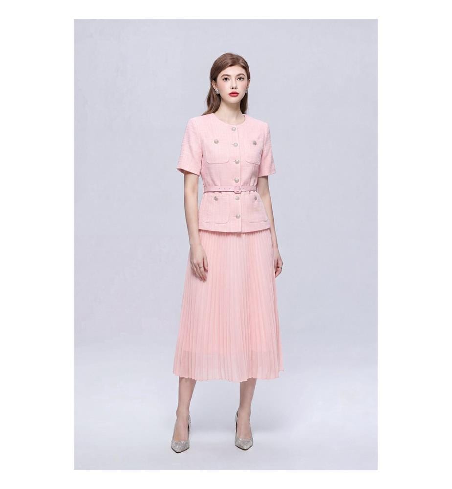 Robe midi en tweed à col rond, et jupe plissée - Rose