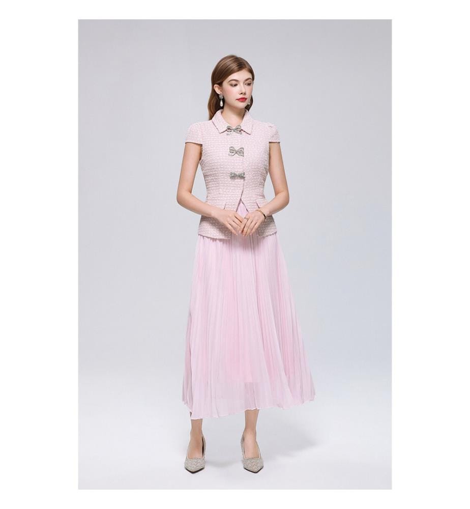 Robe midi en tweed à manches courtes et jupe plissée - Rose