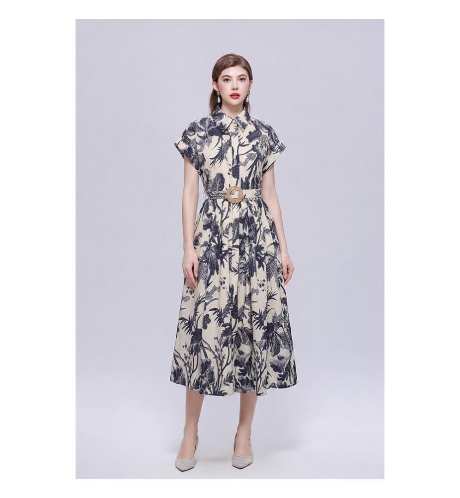 Robe midi chemise à motif tropical - Marine