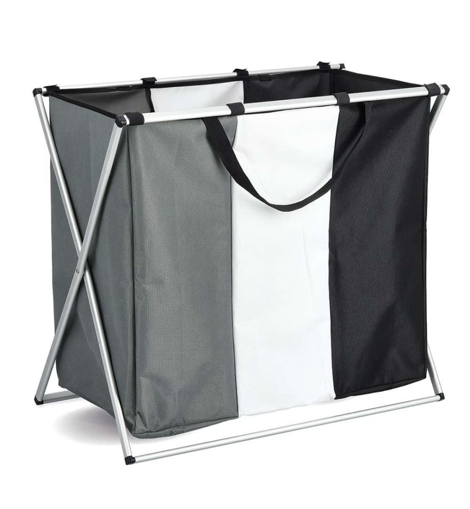 Laundry Collector, 3 Compartments, Polyester/Aluminium - Grey