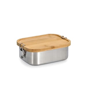 Lunch box with clip closure, stainless steel/bamboo - silver and brown