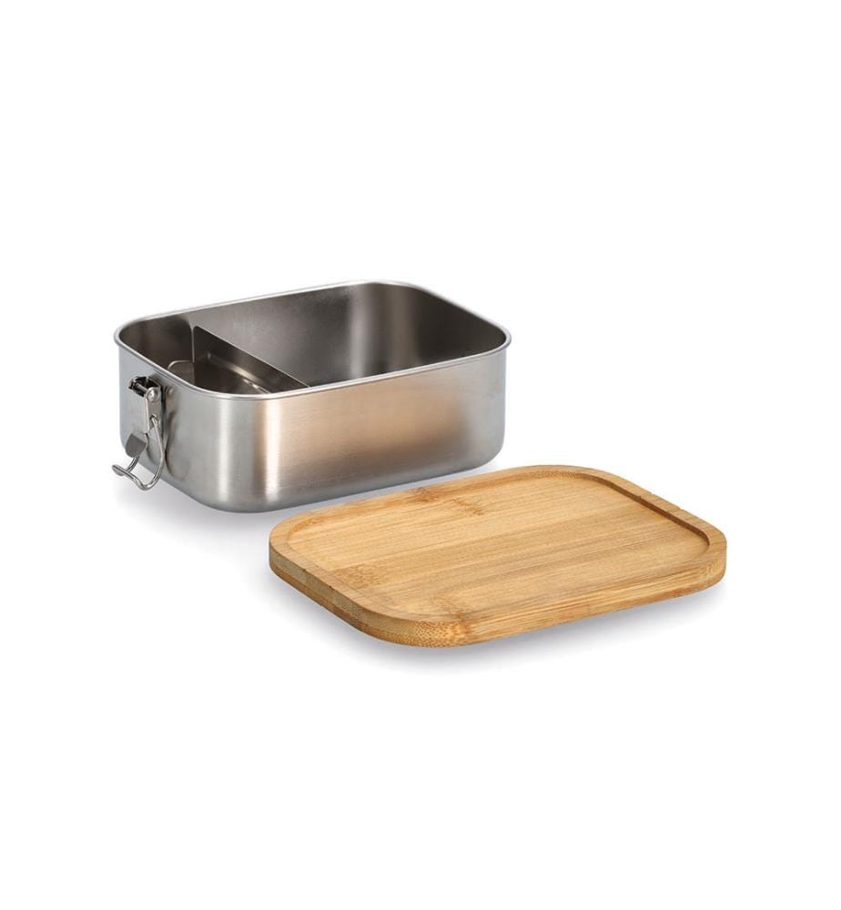 Lunch Box mit Clipverschluss, Edelstahl/Bambus - Silber und Braun