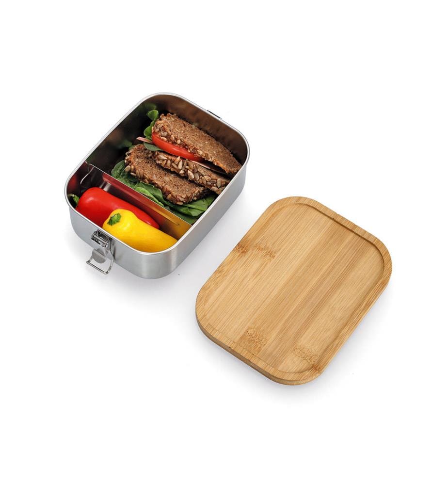 Lunch Box mit Clipverschluss, Edelstahl/Bambus - Silber und Braun