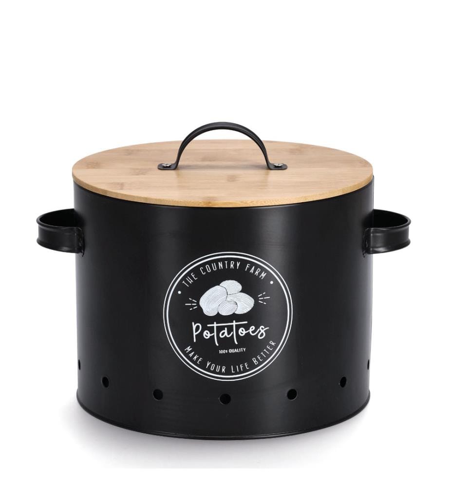 Potatoes storage jar with bamboo lid, metal - black and brown