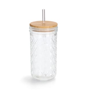 Structured drinking glass with bamboo lid - transparent and brown