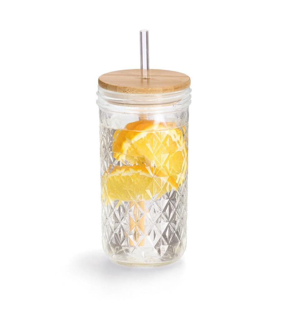 Structured drinking glass with bamboo lid - transparent and brown