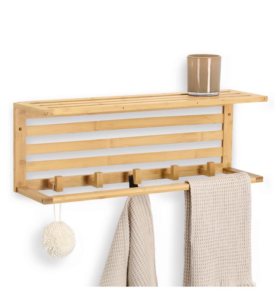 Wall shelf with hooks, bamboo