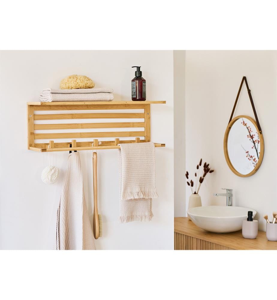 Wall shelf with hooks, bamboo